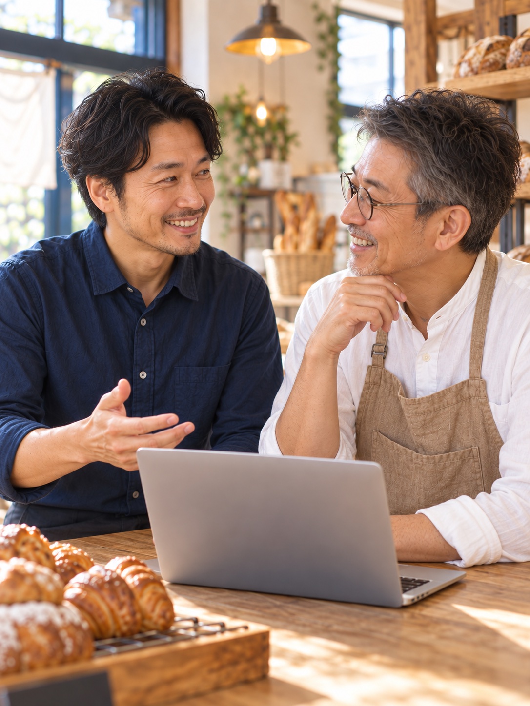 ベーカリーの男性店主とPCを見ながら相談する男性。