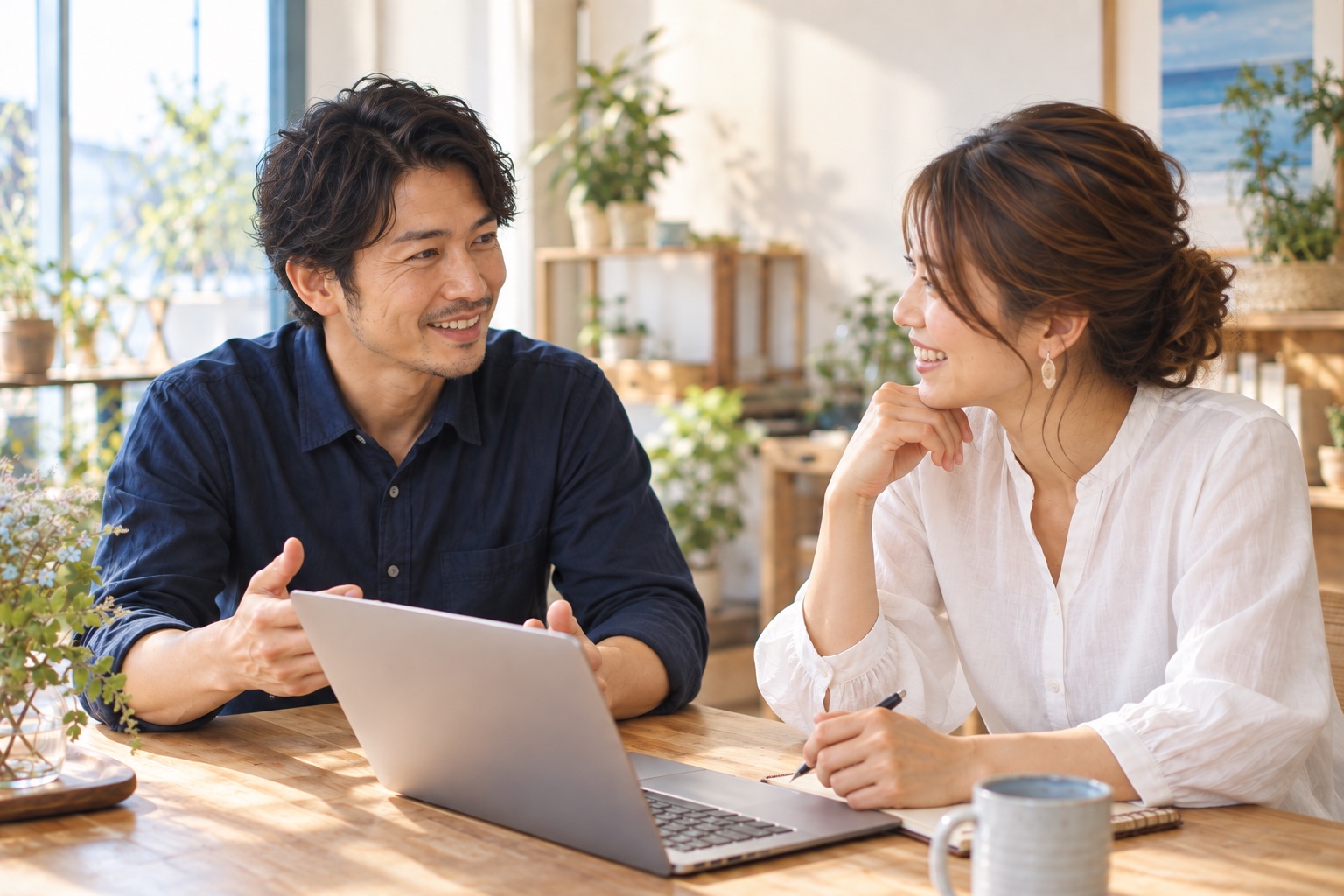笑顔で仕事について話し合う日本人の男女。AI生成のイメージ。